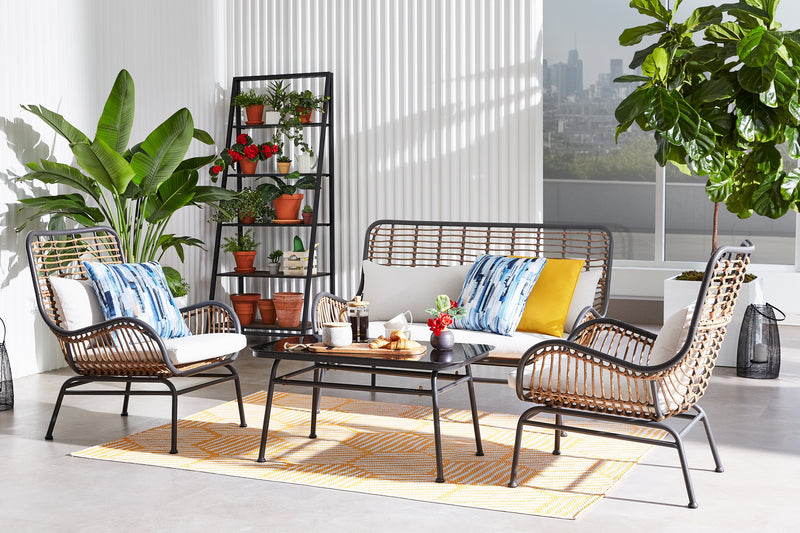Maki 4-Piece Outdoor Patio Conversation Set with Loveseat, 2 Chairs & Glass Top Coffee Table - Hand-Woven Resin Wicker, UV & Weather Resistant - Natural