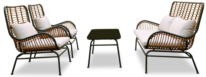 Maki 4-Piece Outdoor Patio Conversation Set with Loveseat, 2 Chairs & Glass Top Coffee Table - Hand-Woven Resin Wicker, UV & Weather Resistant - Natural