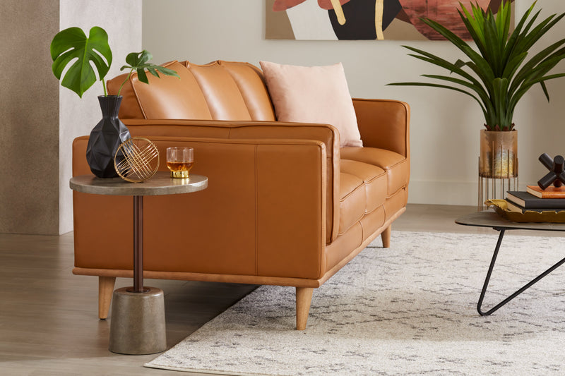 Vivia 86\" Genuine Leather Sofa with Removable Seat Cushions and Wood Base - Caramel Brown 