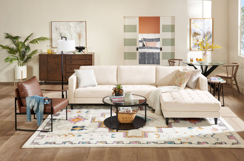 Metro 2-Piece Right-Facing Fabric Sectional with Chaise and Tufted Seat Cushions - Neutral