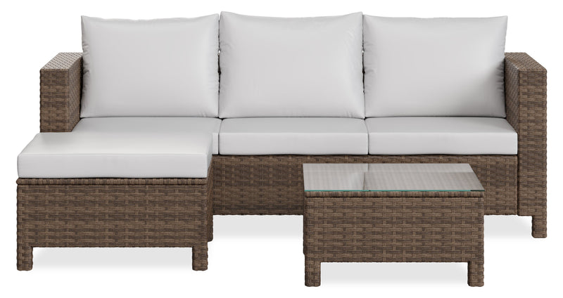 Miami 3-Piece Outdoor Patio Conversation Set with Sofa, Ottoman & Glass Top Coffee Table - Hand-Woven Resin Wicker, UV & Weather Resistant - Brown/Taupe