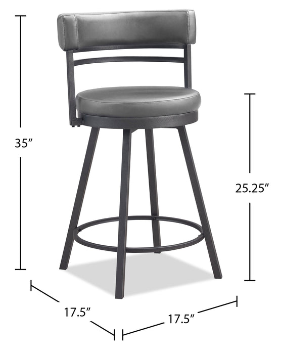 Mila Counter-Height Stool with Swivel Seat & Vegan Leather Fabric, 25\"H, Metal - Grey