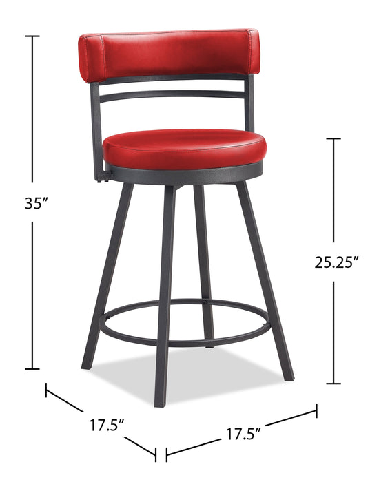 Mila Counter-Height Stool with Swivel Seat & Vegan Leather Fabric, 25\"H, Metal - Red