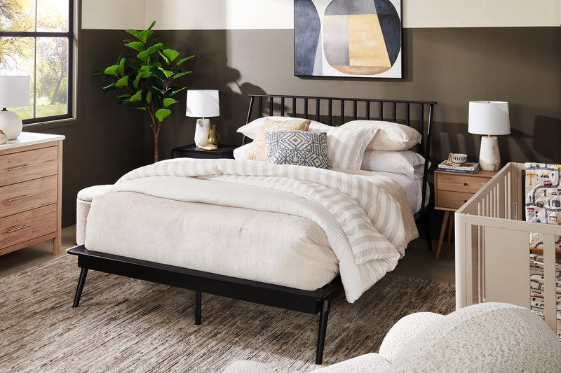 Milan Platform Bed with Headboard & Frame,  Mid-Century Modern, Black - Queen Size