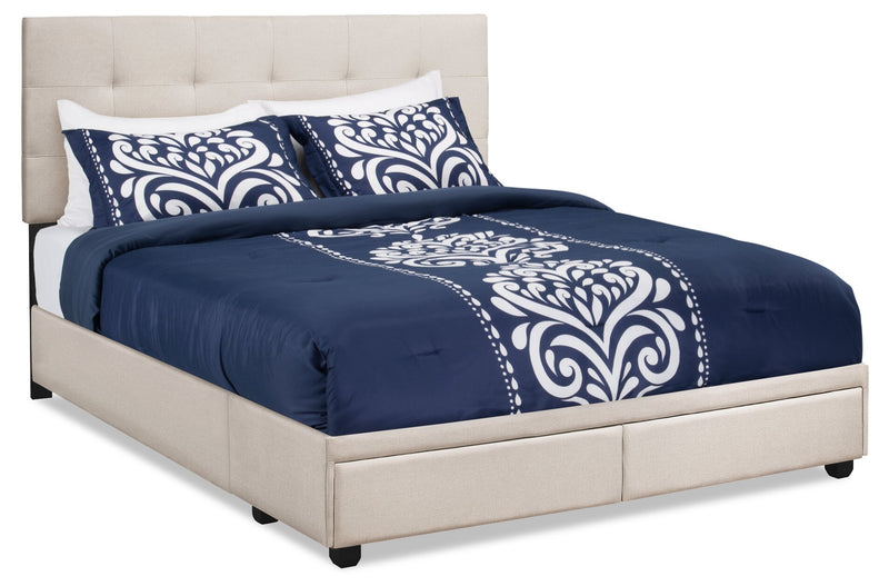 Minka Upholstered Storage Platform Bed in Beige Fabric, Tufted - Queen Size