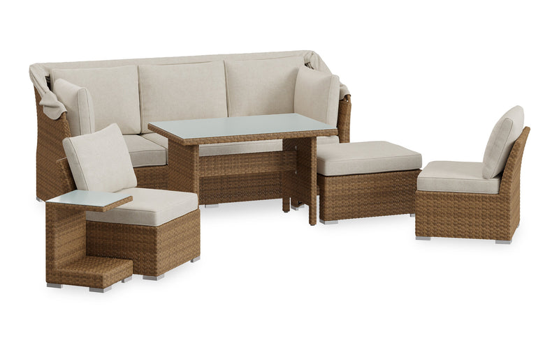 Montego 6-Piece Canopy Outdoor Patio Conversation Set with Canopy Sofa, 2 Armless Chairs, Ottoman, Glass Top Coffee & End Table - Hand-Woven Resin Wicker, UV & Weather Resistant - Natural/Beige