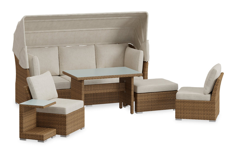 Montego 6-Piece Canopy Outdoor Patio Conversation Set with Canopy Sofa, 2 Armless Chairs, Ottoman, Glass Top Coffee & End Table - Hand-Woven Resin Wicker, UV & Weather Resistant - Natural/Beige