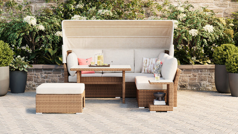 Montego 6-Piece Canopy Outdoor Patio Conversation Set with Canopy Sofa, 2 Armless Chairs, Ottoman, Glass Top Coffee & End Table - Hand-Woven Resin Wicker, UV & Weather Resistant - Natural/Beige