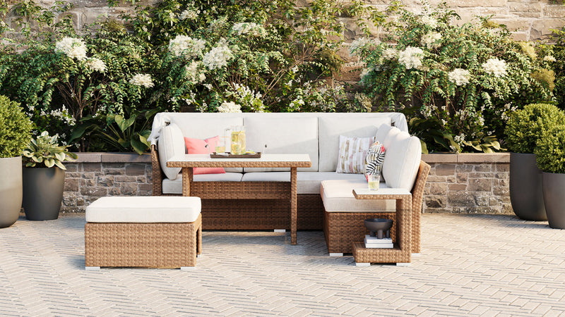 Montego 6-Piece Canopy Outdoor Patio Conversation Set with Canopy Sofa, 2 Armless Chairs, Ottoman, Glass Top Coffee & End Table - Hand-Woven Resin Wicker, UV & Weather Resistant - Natural/Beige