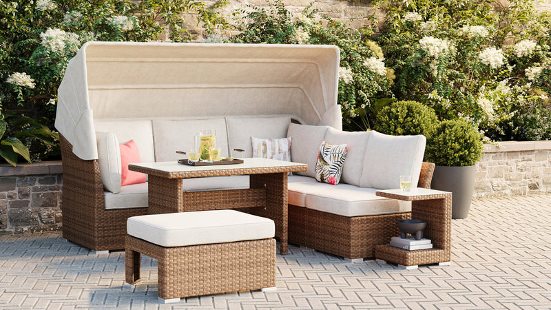 Montego 6-Piece Canopy Outdoor Patio Conversation Set with Canopy Sofa, 2 Armless Chairs, Ottoman, Glass Top Coffee & End Table - Hand-Woven Resin Wicker, UV & Weather Resistant - Natural/Beige