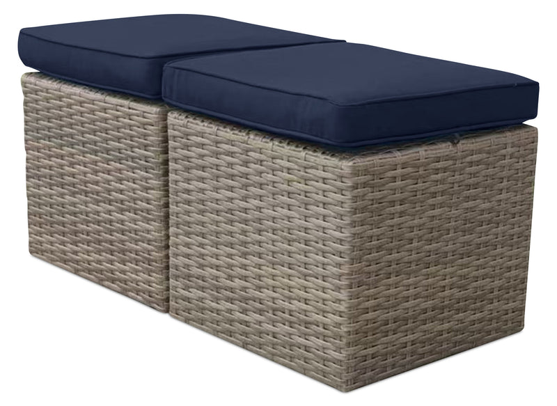 Naples Small Outdoor Patio Ottoman, Set of 2 - Hand-Woven Resin Wicker, UV & Weather Resistant - Natural/Blue