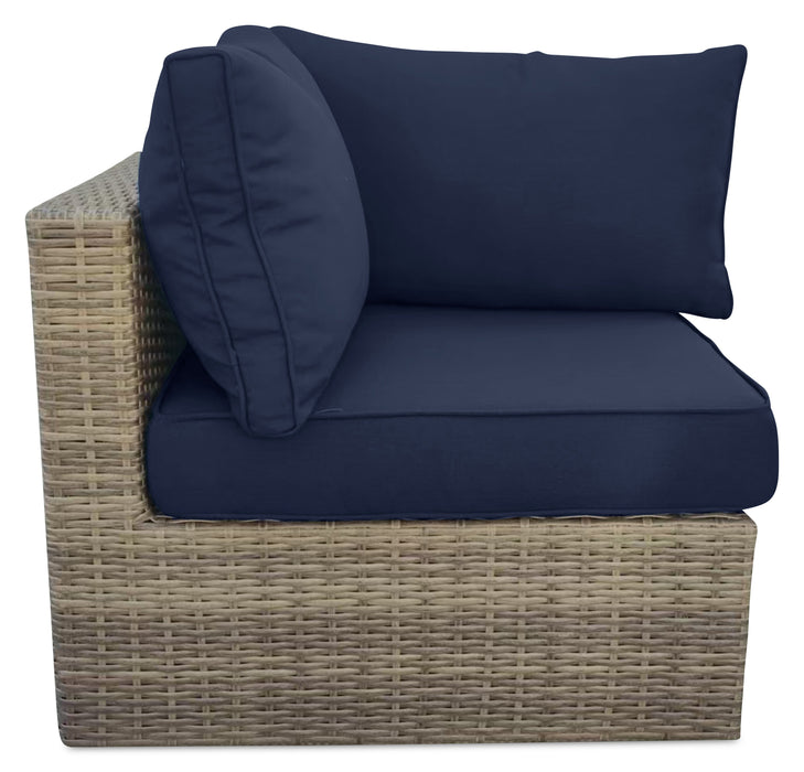 Naples Corner Outdoor Patio Chair - Hand-Woven Resin Wicker, UV & Weather Resistant - Natural/Blue
