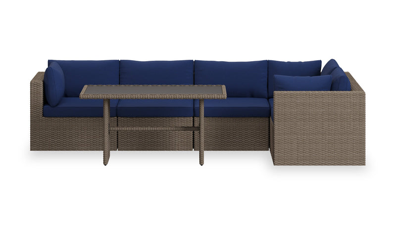 Naples 5-Piece Outdoor Patio Set with 3 Corner Chairs & 2 Armless Chairs - Hand-Woven Resin Wicker, UV & Weather Resistant - Natural/Blue