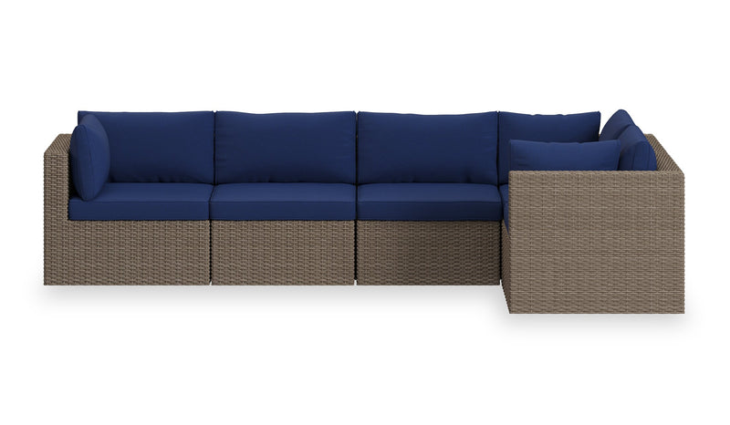 Naples 5-Piece Outdoor Patio Set with 3 Corner Chairs & 2 Armless Chairs - Hand-Woven Resin Wicker, UV & Weather Resistant - Natural/Blue