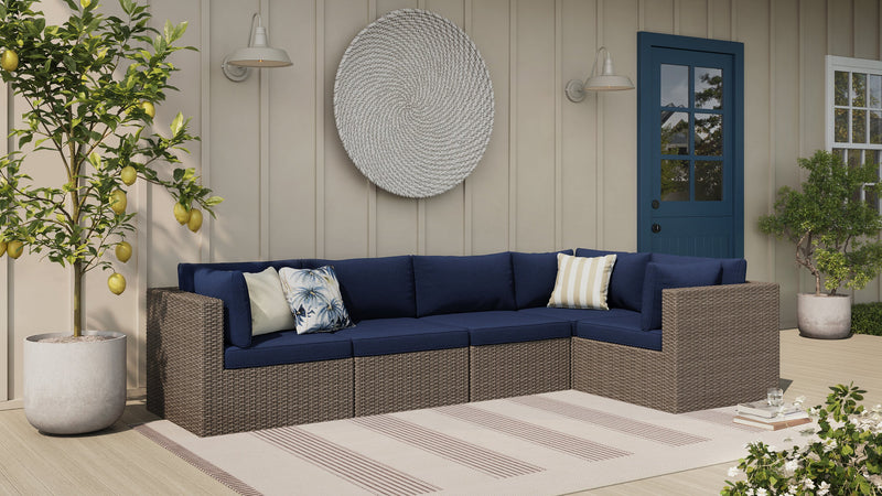 Naples 5-Piece Outdoor Patio Set with 3 Corner Chairs & 2 Armless Chairs - Hand-Woven Resin Wicker, UV & Weather Resistant - Natural/Blue