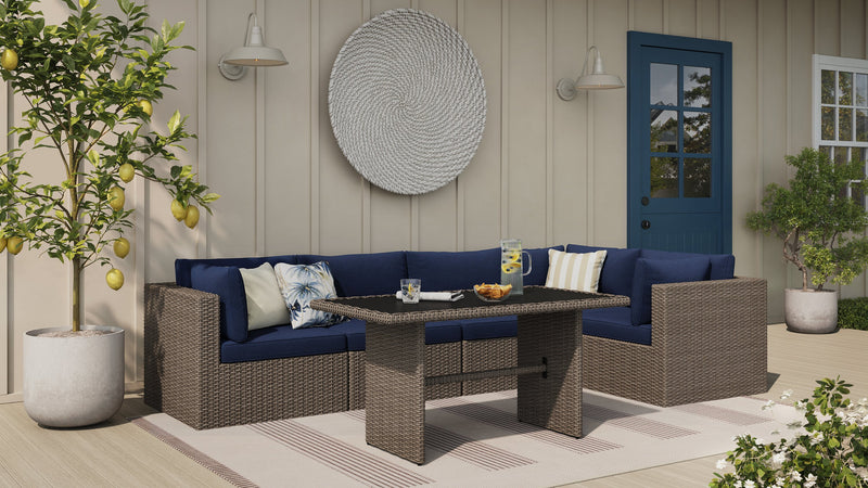 Naples 5-Piece Outdoor Patio Set with 3 Corner Chairs & 2 Armless Chairs - Hand-Woven Resin Wicker, UV & Weather Resistant - Natural/Blue