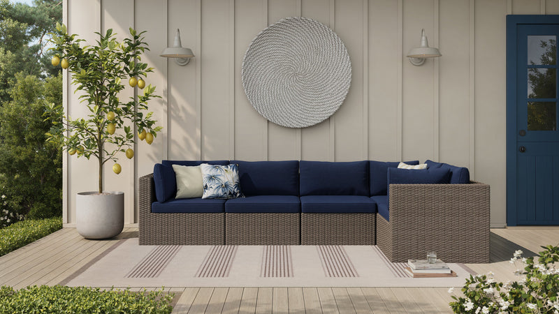 Naples 5-Piece Outdoor Patio Set with 3 Corner Chairs & 2 Armless Chairs - Hand-Woven Resin Wicker, UV & Weather Resistant - Natural/Blue