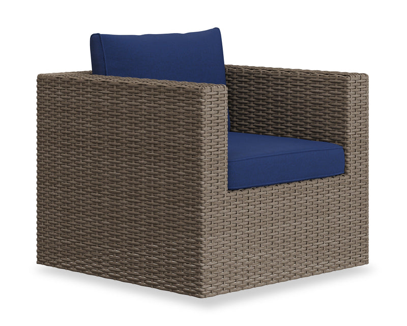 Naples 7-Piece Outdoor Patio Set with 3 Corner Chairs, 2 Armless Chairs, Patio Chair & Ottoman - Hand-Woven Resin Wicker, UV & Weather Resistant - Natural/Blue