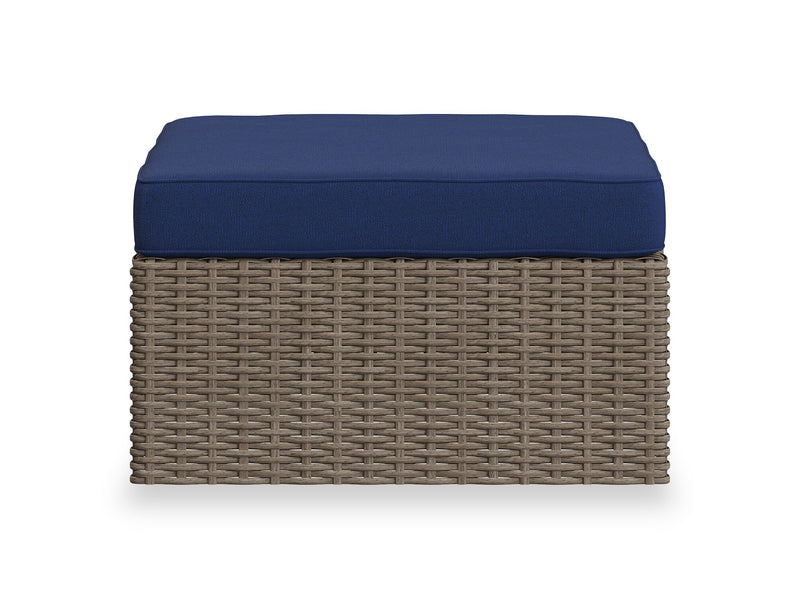 Naples 7-Piece Outdoor Patio Set with 3 Corner Chairs, 2 Armless Chairs, Patio Chair & Ottoman - Hand-Woven Resin Wicker, UV & Weather Resistant - Natural/Blue