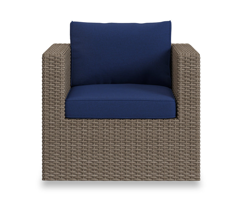 Naples 7-Piece Outdoor Patio Set with 3 Corner Chairs, 2 Armless Chairs, Patio Chair & Ottoman - Hand-Woven Resin Wicker, UV & Weather Resistant - Natural/Blue