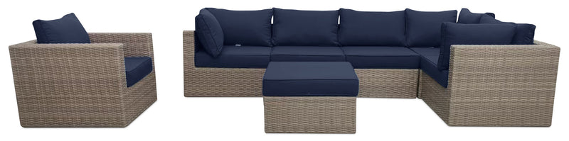 Naples Large Outdoor Patio Ottoman - Hand-Woven Resin Wicker, UV & Weather Resistant - Natural/Blue