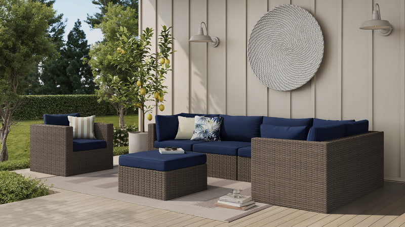 Naples 7-Piece Outdoor Patio Set with 3 Corner Chairs, 2 Armless Chairs, Patio Chair & Ottoman - Hand-Woven Resin Wicker, UV & Weather Resistant - Natural/Blue