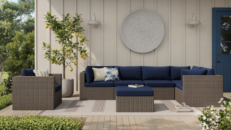 Naples 7-Piece Outdoor Patio Set with 3 Corner Chairs, 2 Armless Chairs, Patio Chair & Ottoman - Hand-Woven Resin Wicker, UV & Weather Resistant - Natural/Blue