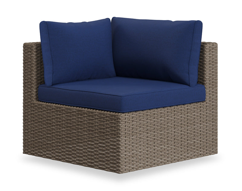 Naples 10-Piece Outdoor Patio Set with 3 Corner Chairs, 2 Armless Chairs, Chair, Large Ottoman, 2 Small Ottomans & Dining Height Table - Hand-Woven Resin Wicker, UV & Weather Resistant - Natural/Blue