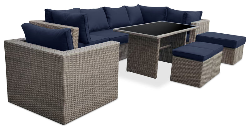 Naples 10-Piece Outdoor Patio Set with 3 Corner Chairs, 2 Armless Chairs, Chair, Large Ottoman, 2 Small Ottomans & Dining Height Table - Hand-Woven Resin Wicker, UV & Weather Resistant - Natural/Blue
