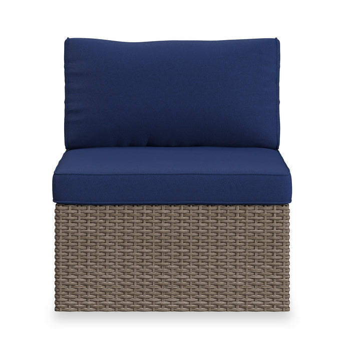Naples 10-Piece Outdoor Patio Set with 3 Corner Chairs, 2 Armless Chairs, Chair, Large Ottoman, 2 Small Ottomans & Dining Height Table - Hand-Woven Resin Wicker, UV & Weather Resistant - Natural/Blue