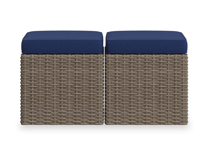 Naples 10-Piece Outdoor Patio Set with 3 Corner Chairs, 2 Armless Chairs, Chair, Large Ottoman, 2 Small Ottomans & Dining Height Table - Hand-Woven Resin Wicker, UV & Weather Resistant - Natural/Blue