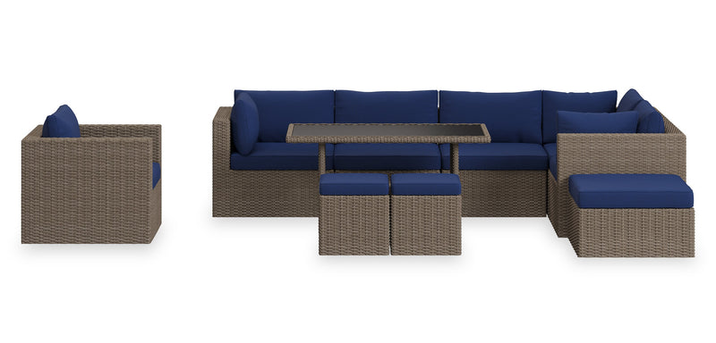 Naples 10-Piece Outdoor Patio Set with 3 Corner Chairs, 2 Armless Chairs, Chair, Large Ottoman, 2 Small Ottomans & Dining Height Table - Hand-Woven Resin Wicker, UV & Weather Resistant - Natural/Blue