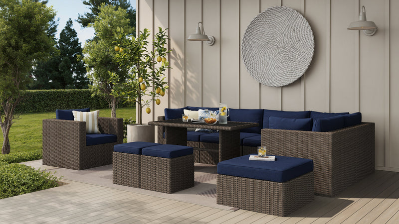 Naples 10-Piece Outdoor Patio Set with 3 Corner Chairs, 2 Armless Chairs, Chair, Large Ottoman, 2 Small Ottomans & Dining Height Table - Hand-Woven Resin Wicker, UV & Weather Resistant - Natural/Blue
