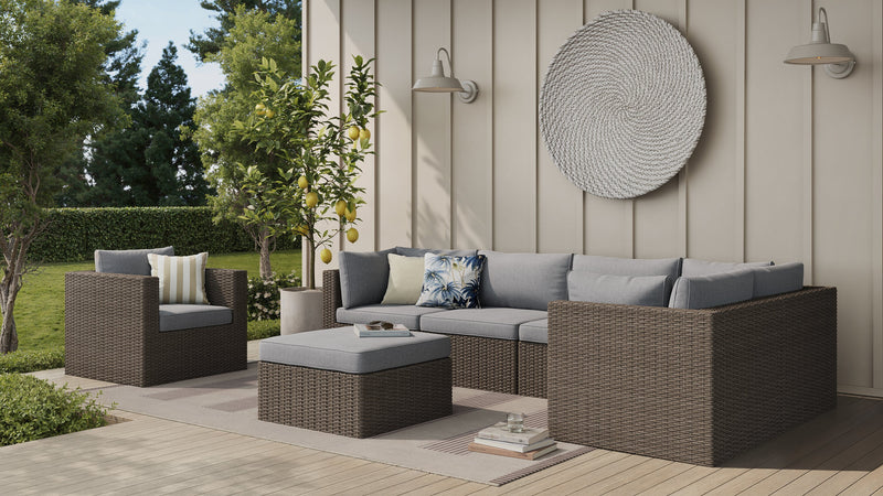 Naples 7-Piece Outdoor Patio Set with 3 Corner Chairs, 2 Armless Chairs, Patio Chair & Ottoman - Hand-Woven Resin Wicker, UV & Weather Resistant - Natural/Grey