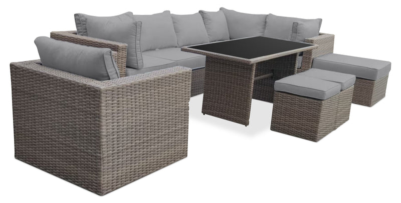 Naples 10-Piece Outdoor Patio Set with 3 Corner Chairs, 2 Armless Chairs, Chair, Large Ottoman, 2 Small Ottomans & Dining Height Table - Hand-Woven Resin Wicker, UV & Weather Resistant - Natural/Grey