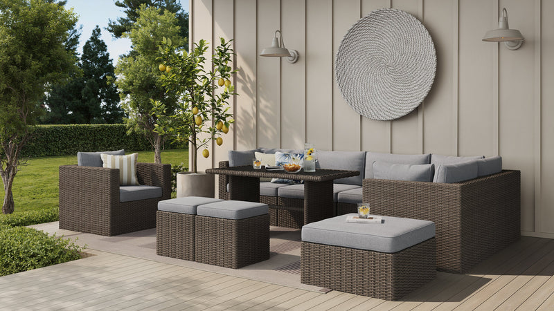 Naples 10-Piece Outdoor Patio Set with 3 Corner Chairs, 2 Armless Chairs, Chair, Large Ottoman, 2 Small Ottomans & Dining Height Table - Hand-Woven Resin Wicker, UV & Weather Resistant - Natural/Grey