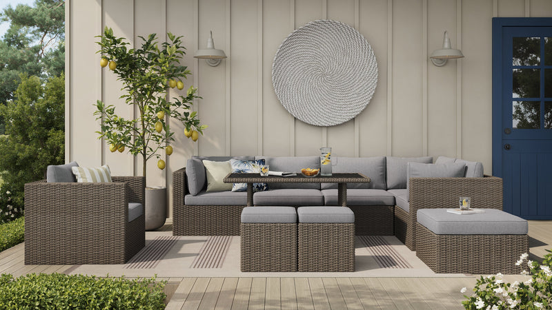 Naples 10-Piece Outdoor Patio Set with 3 Corner Chairs, 2 Armless Chairs, Chair, Large Ottoman, 2 Small Ottomans & Dining Height Table - Hand-Woven Resin Wicker, UV & Weather Resistant - Natural/Grey