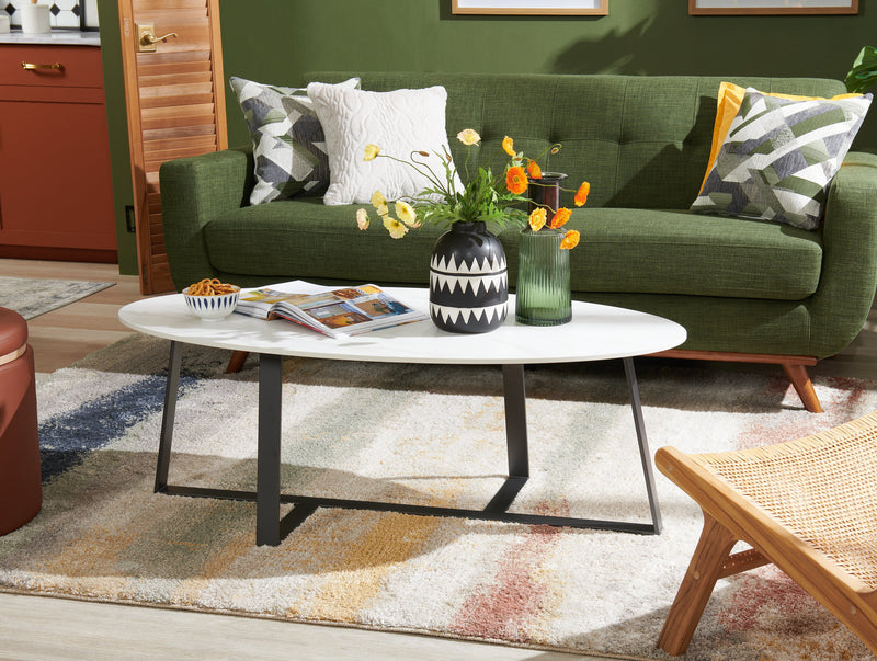 Kort & Co. Nico 51\" Modern Oval Coffee Table - White Sinetered Stone with Dark Grey Metal Legs