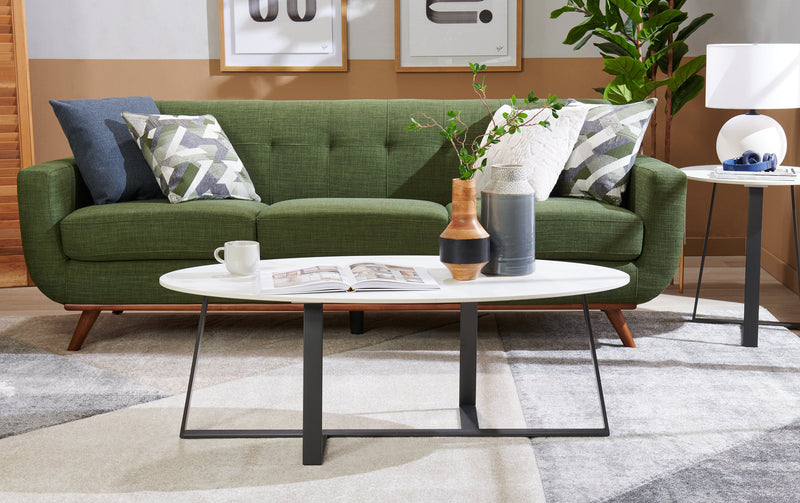 Kort & Co. Nico 51\" Modern Oval Coffee Table - White Sinetered Stone with Dark Grey Metal Legs