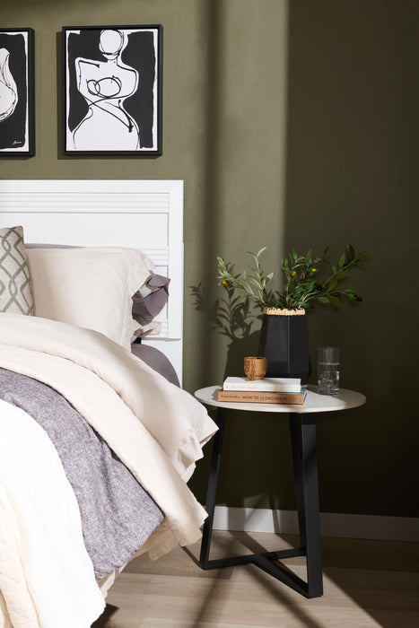 Kort & Co. Nico 22\" Modern Oval End Table - White Sinetered Stone with Dark Grey Metal Legs