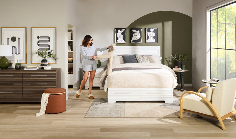 Olivia Platform Storage Bed with Headboard & Frame, Made in Canada, White - Queen Size