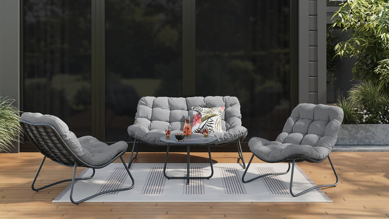 Oslo 4-Piece Outdoor Patio Conversation Set with Loveseat, 2 Lounger Chairs & Coffee Table - Resin Wicker & Metal, UV & Weather Resistant - Grey