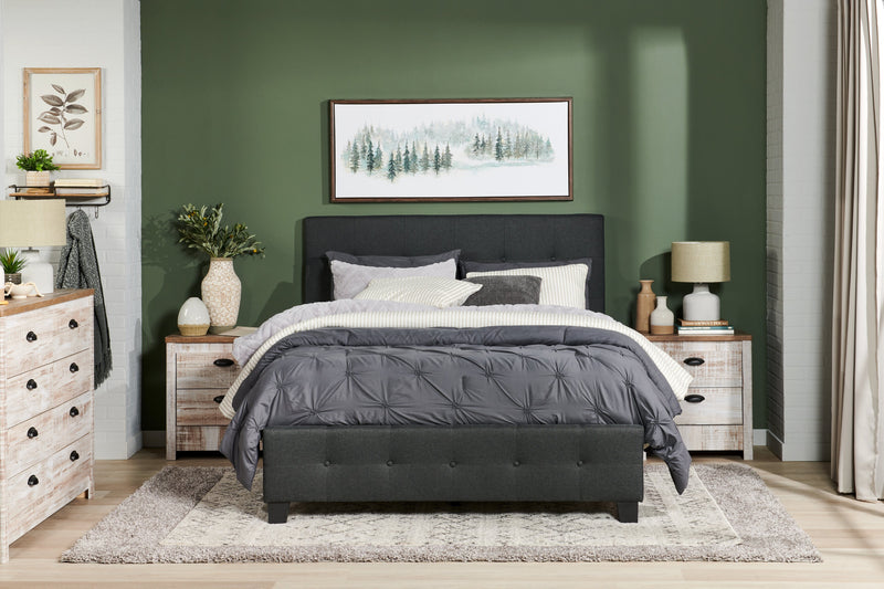 Page Upholstered Bed in Charcoal Linen-Look Fabric, Button Tufted - Full Size