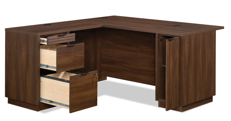 Palo Alto 59.13\" Commercial Grade L-Shaped Office Desk with 3-Drawers & Cabinet - Mahogany