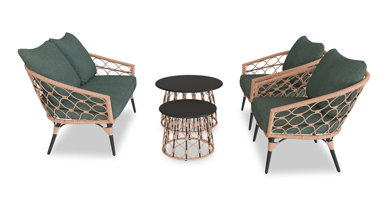Kort & Co. Panama 5-Piece Outdoor Patio Set with Loveseat, 2 Chairs & Large & Small Tables - Hand-Woven Resin Wicker, UV & Weather Resistant - Natrual/Green