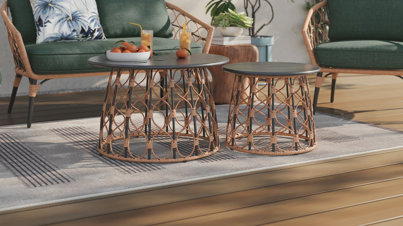 Kort & Co. Panama 5-Piece Outdoor Patio Set with Loveseat, 2 Chairs & Large & Small Tables - Hand-Woven Resin Wicker, UV & Weather Resistant - Natrual/Green