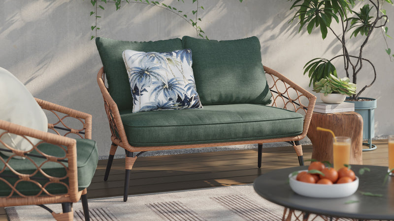 Kort & Co. Panama 5-Piece Outdoor Patio Set with Loveseat, 2 Chairs & Large & Small Tables - Hand-Woven Resin Wicker, UV & Weather Resistant - Natrual/Green