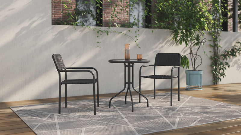 Paris 3-Piece Outdoor Patio Bistro Set with 2 Chairs and Glass Top Table - Hand-Woven Resin Wicker, UV & Weather Resistant  - Black