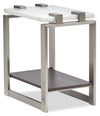 Paradox 16\" Modern Chairside Table with Shelf - White Marble Top with Brushed Platinum Frame