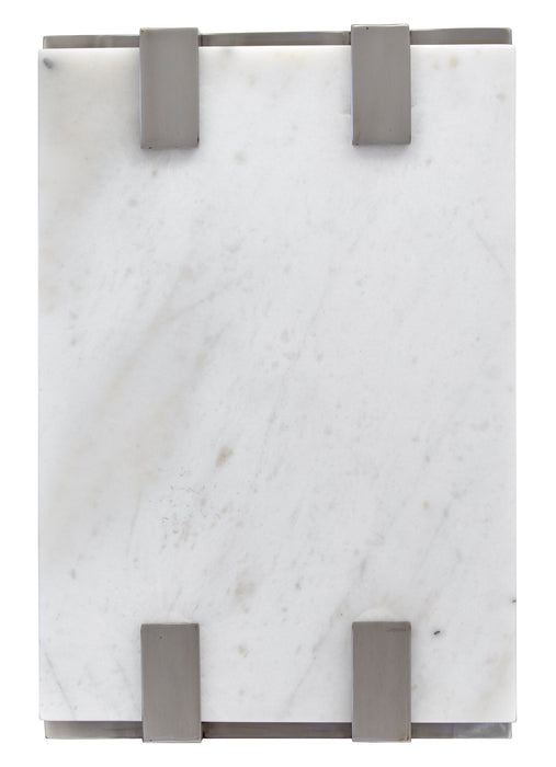 Paradox 16\" Modern Chairside Table with Shelf - White Marble Top with Brushed Platinum Frame